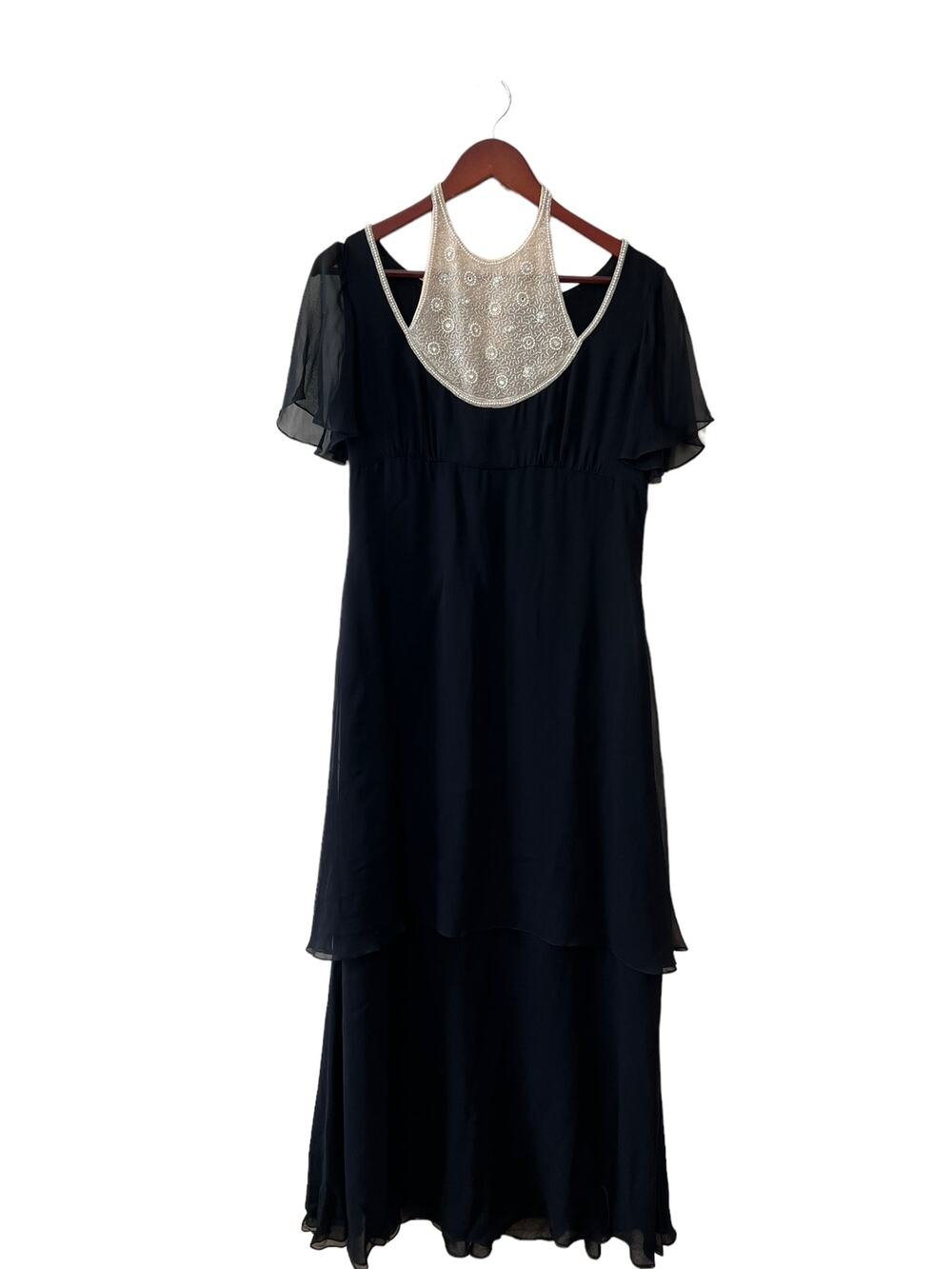 Vintage 60s Kathryn Dianos Silk Tiered Maxi Dress Beaded Pearl Halter Insert